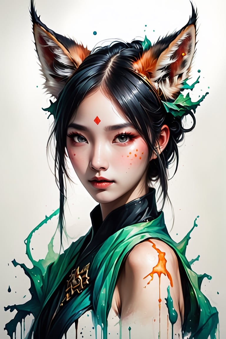 Create a detailed close-up illustration capturing the essence of a fox ears, drawing inspiration from rossdraws, side_ponytail,fantasy artwork, and the aesthetics of a cuboc girl. Frame the artwork with a black panel, emphasizing luminescent elements, and infused with the unique style of Brittney Lee, centered, korea face structure, splash ink, coloring with green, cyber wearing, nsfw, beautiful topper body.

abstact, beautiful girl,asian cute,evil girl,Long Intricate Horns