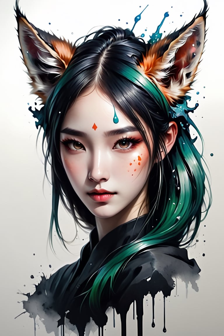 Create a detailed close-up illustration capturing the essence of a fox ears, drawing inspiration from rossdraws, side_ponytail,fantasy artwork, and the aesthetics of a cuboc girl. Frame the artwork with a black panel, emphasizing luminescent elements, and infused with the unique style of Brittney Lee, centered, korea face structure, splash ink, coloring with green, cyber wearing, techwear clothes.

abstact, beautiful girl,asian cute,evil girl,Long Intricate Horns