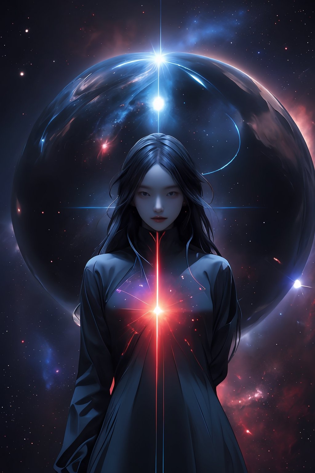 an amazing 3D anime-style illustration with beautiful woman, raodom posting, true woman anatomy, ultra detail, robot matirial arrow the space, where a galactic nebula takes the form of a giant male figure. With a splendid play of black and blue-red colors, this cosmic entity gracefully unfolds its arms, shaping and creating new solar systems in the vast universe. woman si-fi dress, korea face structure. The male silhouette highlights the majesty and power of this galactic being while bringing cosmic creation to life with elegant and determined movements, rainbow flare and lighting.

,xyzabcplanets,Celestial Skin ,Beautiful