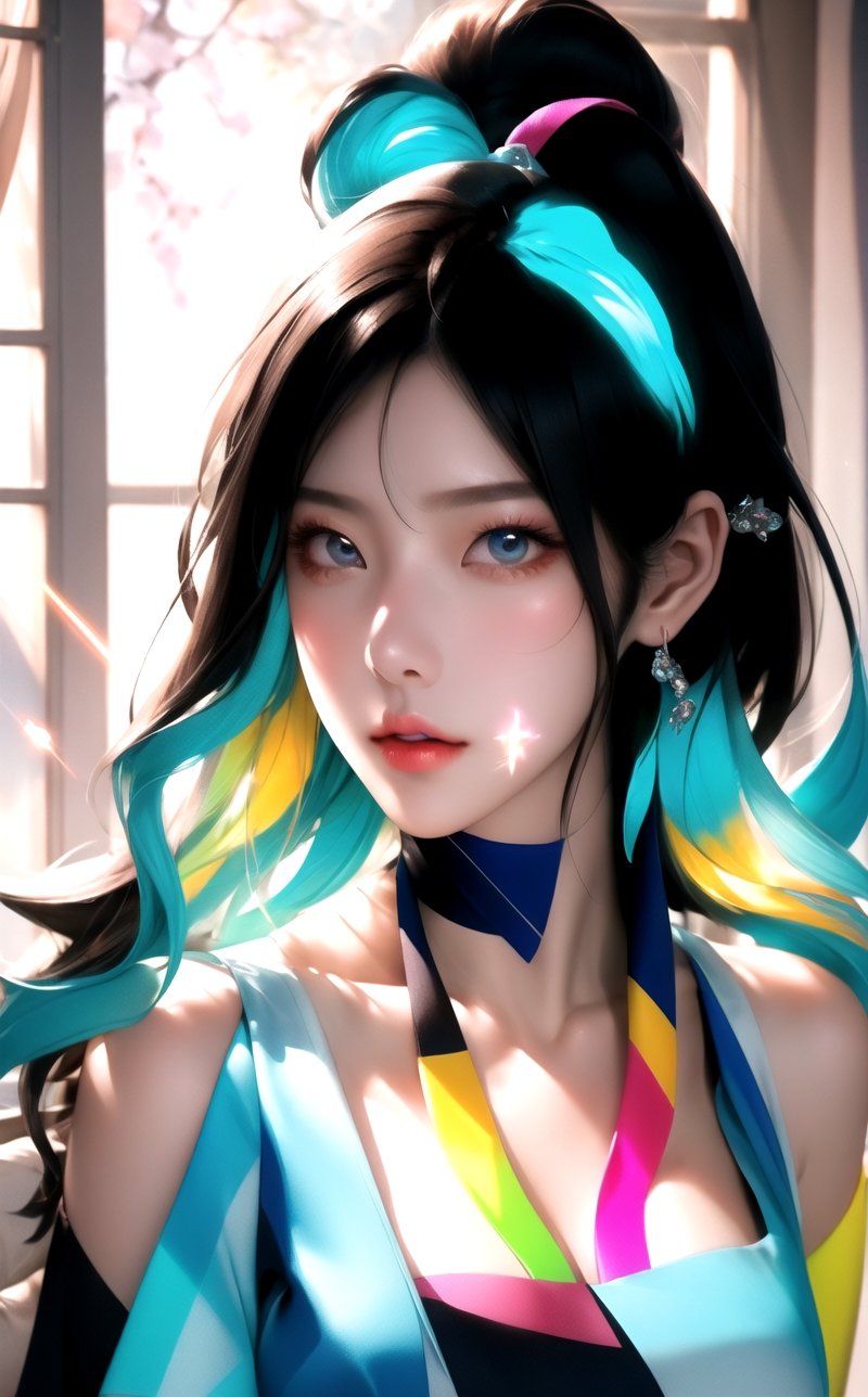 Delightful appearance, Beautiful Detailed Eyes, natural lips, collarbones, Sceptical Face, beautiful woman, korea face structure,
Glamor body type, 
Masterpiece, professional, high res, photorealistic, light particles, colorful, backlit, complex color, illustration, Sony A7IV, sneaker, hair tie, phantasmagorical figure






, beautiful girl