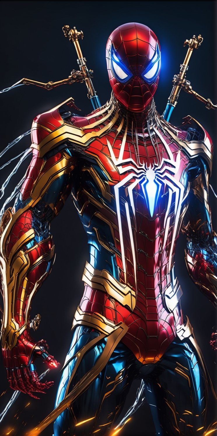 Angry spiderman mecha robo soldier character, anthropomorphic figure, wearing futuristic mecha soldier armor and weapons, reflection mapping, realistic figure, hyperdetailed, cinematic lighting photography, 32k uhd with a golden staff, red lighting on suit, 

By: panchovilla,mecha,LegendDarkFantasy