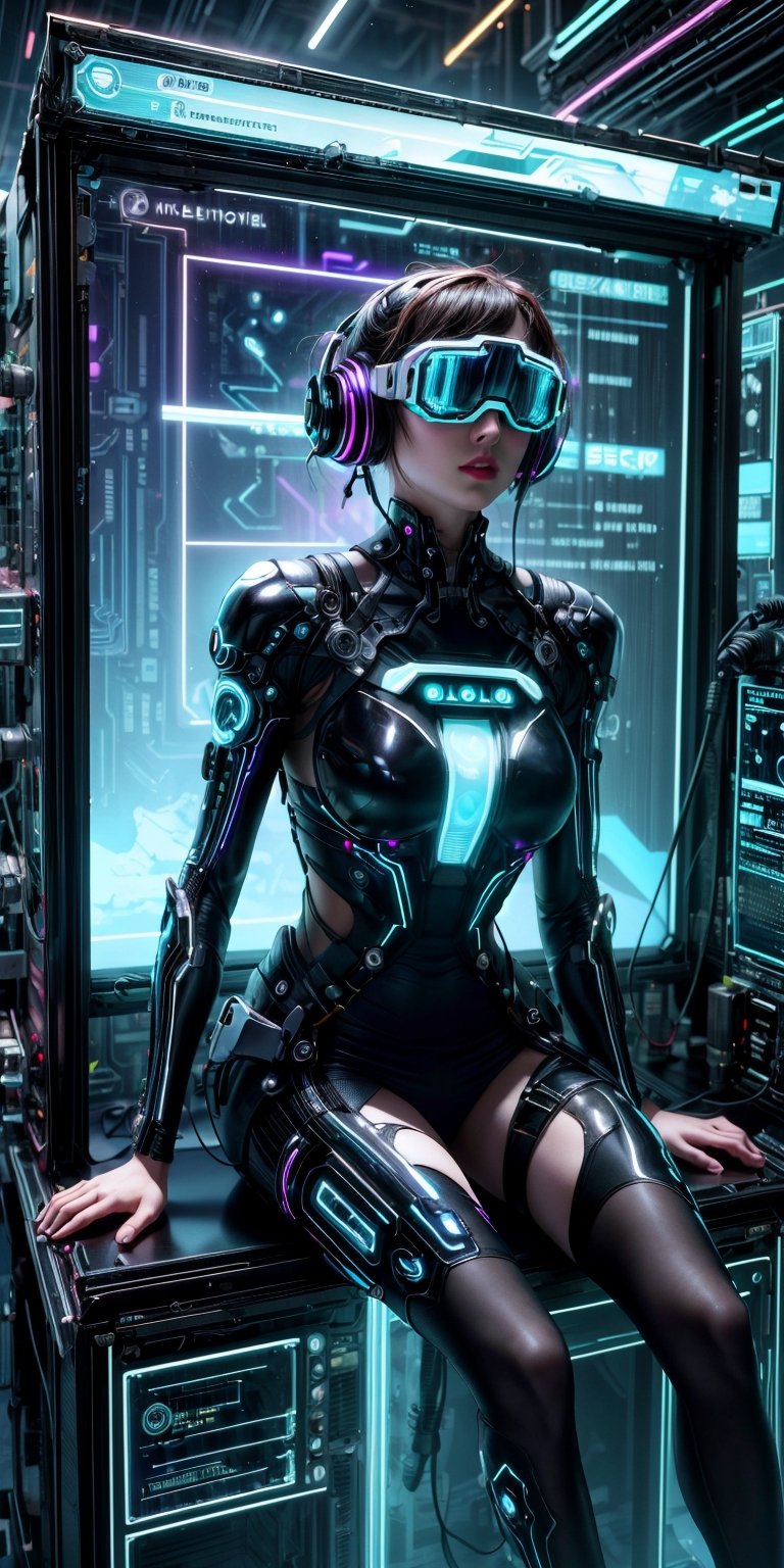 futuristic computer user interface, intense hacker girl sitting in front her hologram computer, floating infographic hologram, glowing holographic neural network, data network flowing, bokeh, bloom, bioluminescentdynamic pose,sci-fi goggles, earphone
, hyperrealistic photography, wide shot, , style of unsplash and National Geographic,Movie Still,cyberpunk style,neon photography style,cyberpunk