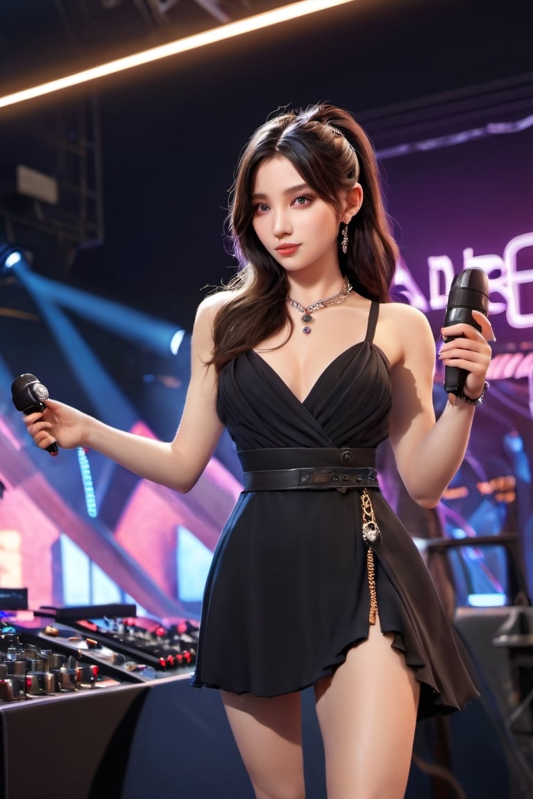 1girl, solo, drink beer,long hair, breasts, Stage lighting（1.6）,cyberpunk,handheld ,complete body, at viewer, large breasts, brown hair, black hair, dress, full-body shotholding, cleavage, bare shoulders, jewelry, earrings, parted lips, belt, necklace, black eyes, black dress, coat, microphone, realistic, holding microphone,1 girl,Young beauty spirit ,Best face ever in the world,More Detail,JeeSoo , 8k