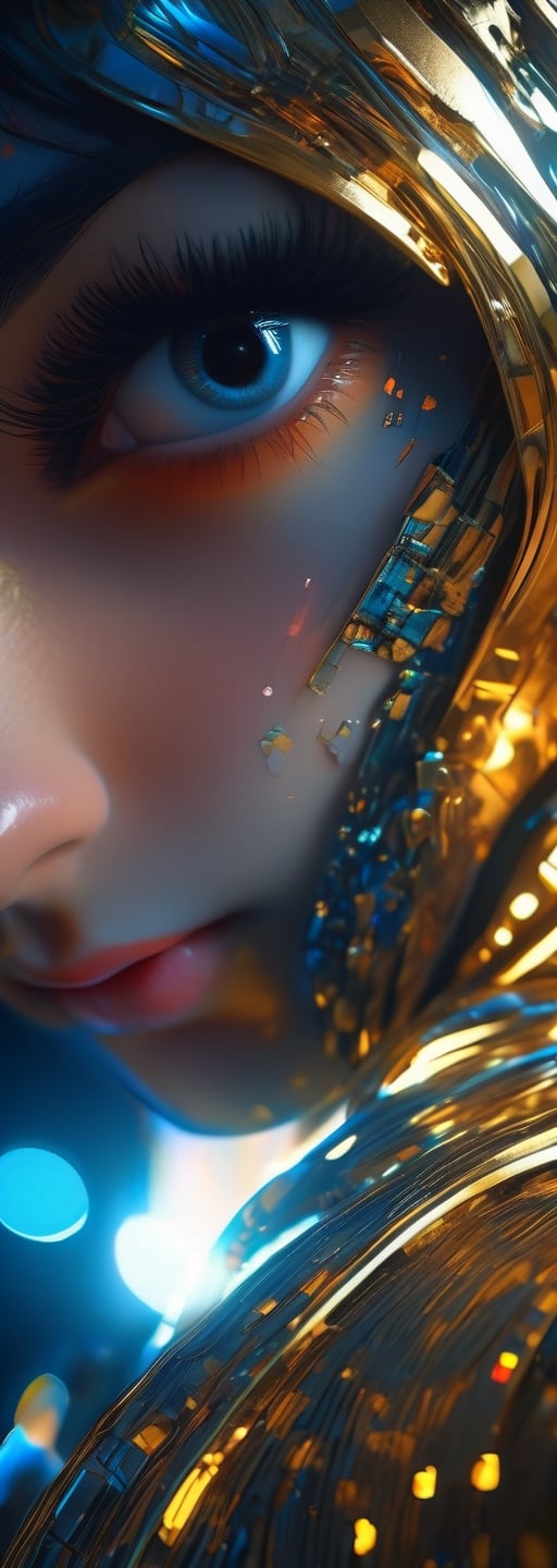 Photo, fictional, robot, android face, blue, white, golden, holographic, futuristic, intricate, professionally color graded, photorealism, 8k, moody lighting, heavenly beauty, 8k, 50mm, f/1. 4, high detail, sharp focus, perfect anatomy, highly detailed, detailed and high quality background, oil painting, digital painting, Trending on artstation, UHD, 128K, quality, Big Eyes, artgerm, highest quality stylized character concept masterpiece, award winning digital 3d, hyper-realistic, intricate, 128K, UHD, HDR, image of a gorgeous, beautiful, dirty, highly detailed face, hyper-realistic facial features, cinematic 3D volumetric, illustration by Marc Simonetti, Carne Griffiths, Conrad Roset, 3D anime girl, Full HD render + immense detail + dramatic lighting + well lit + fine | ultra - detailed realism, full body art, lighting, high - quality, engraved |