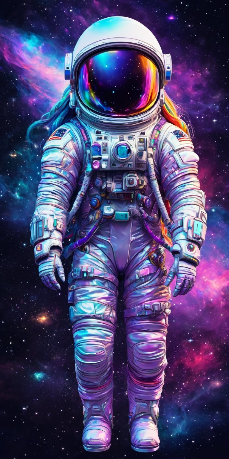 StunningDigital drawing of a beautiful, cute, attractive magical fantasy astronaut, Big colorful long hair on the helmet, with visible whole body, Tight astronaut suit, Stardust, Background galaxy, Ultra high quality clarity,