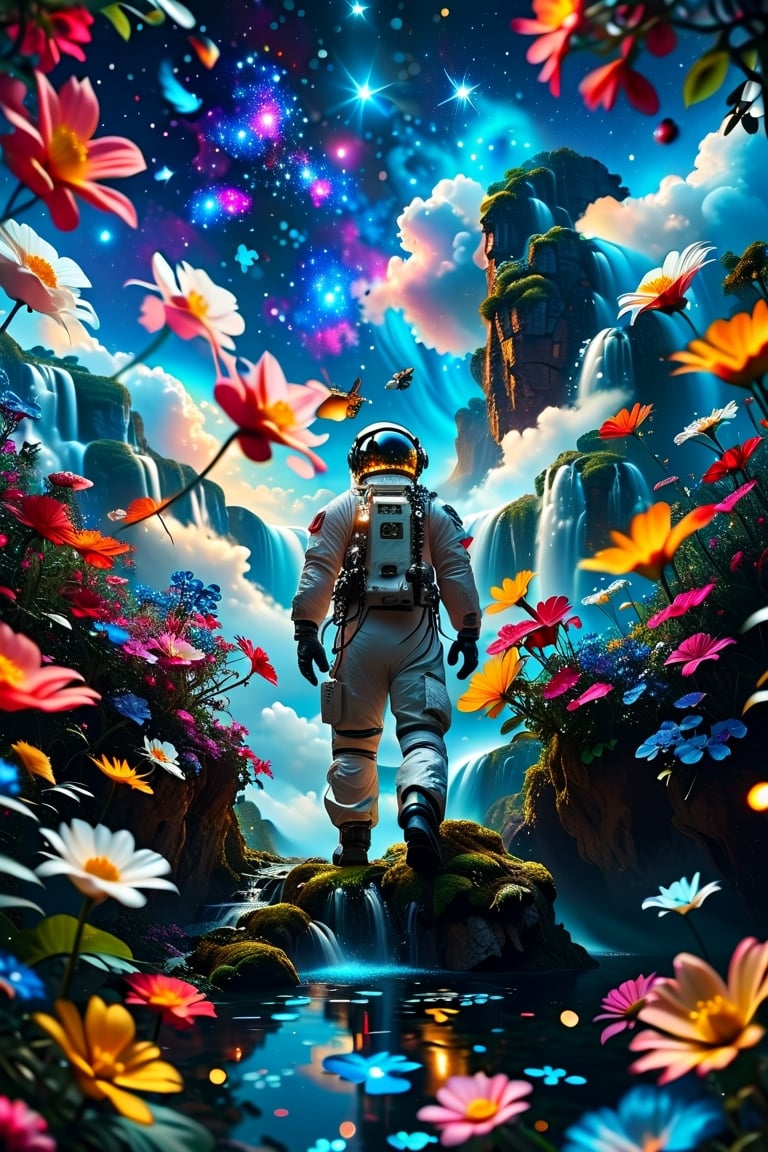 ((1 man)),Astronauts,Focus on Men,Airplane cloud made of flowers,Magic flowers Forest,starry Night sky, moon, fireflies, waterfalls, 
(Masterpiece, Best Quality, 8k:1.2), (Ultra-Detailed, Highres, Extremely ,Strong Backlit Particles,astronaut_flowers,Zoom Astronaut, Ultra HD, Big Astronaut