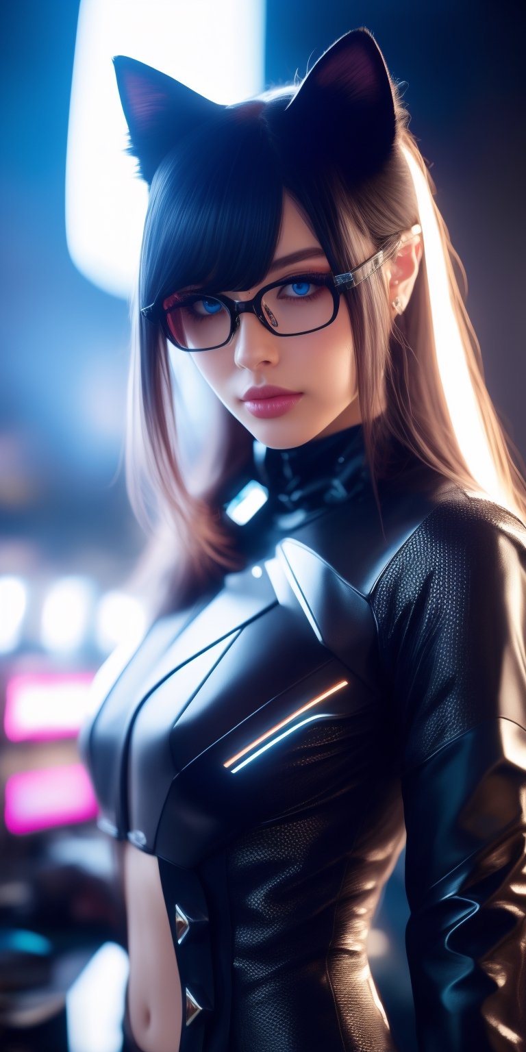 DJ, busty, long hair, black hair, blue eyes, glasses, anatomic face, pale skin, cat ears. cyber cat ears, cyberpunk clothes 4k, hyper realistic, ultra detailed, hdr, sharp, dynamic lightings, DJ pult in the foreground, club in the backround, neon light in the background, neon ambiance, abstract black oil, gear mecha, detailed acrylic, grunge, intricate complexity, rendered in unreal engine, photorealistic