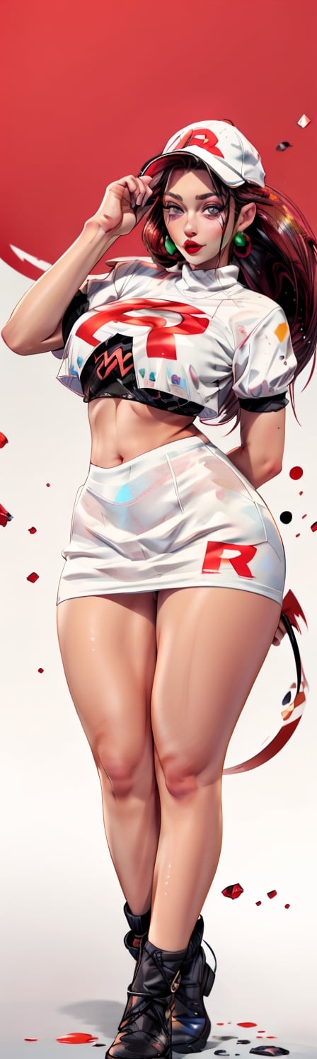 ((masterpiece, best quality)), jessie, pokemon,white top with red letter R, white skirt, pikachu background,perfect hands,sexy,curvy body,detailed face,perfect eyes,detailed hands,hands up,light background,mix of fantasy and realistic elements,vibrant manga,uhd picture , crystal translucency, vibrant artwork,jessie\(pokemon\)