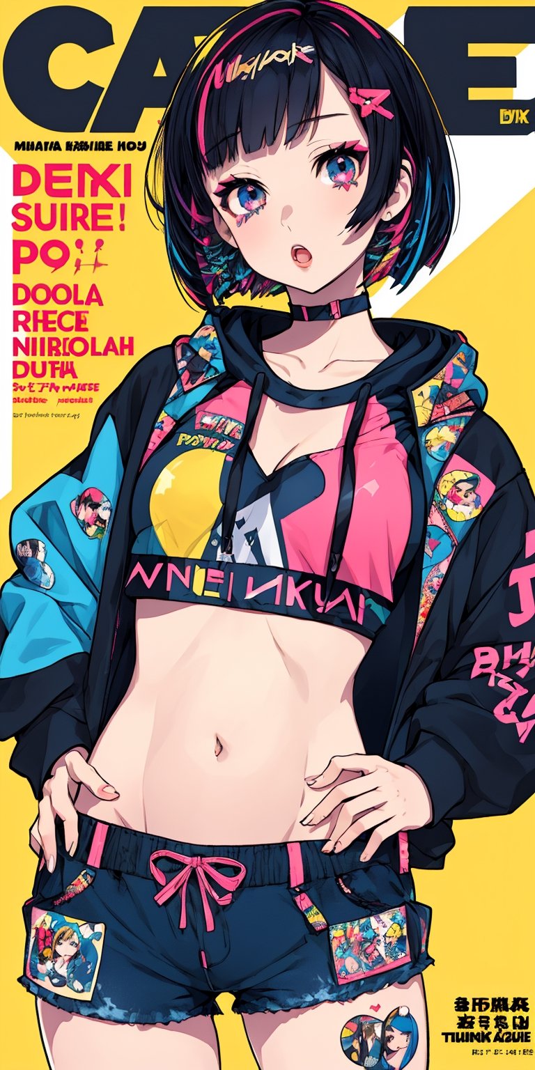 punk girl, short hair, (bob cut hair, laying), detailed background, (pop art, decora art style, doodle art), (hair accessories, ribbons), (cropped hoodie, shorts, midriff), accessories, body stickers, ((perfect legs, contrapposto)), ,, multicolored hair, streaked hair, mksks style, , (tired eyes, open mouth), dynamic angle, (magazine cover, text),mika pikazo,SharpEyess