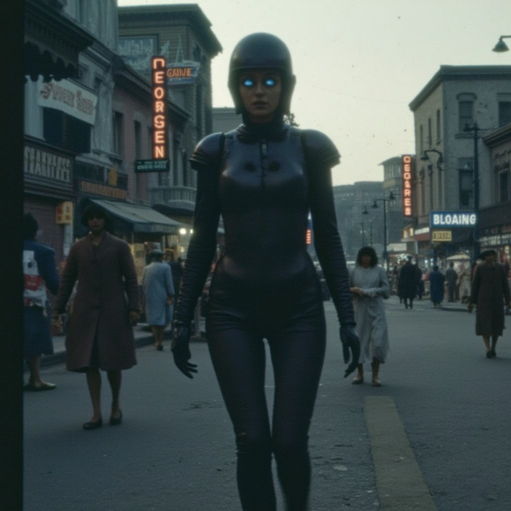 A female cyborg with helmet taunting pose  in the middle of the city, her sleek suit, futuristic body creating a stark contrast with the crumbling, timeworn buildings around her. The air is filled with dust, and the setting sun casts a soft glow over the scene, highlighting both the past and the future. Flickering neon signs in shades of blue and orange reflect on her shiny surfaces. Her faintly glowing blue eyes are fixed ahead as she walks forward. The bustling street is filled with oblivious pedestrians and vendors. Photorealistic, highly detailed, with smooth lighting transitions and ultra-realistic reflections. The mood is tense, seamlessly blending ancient and futuristic elements. Virtual19, Analoquer, Film_19