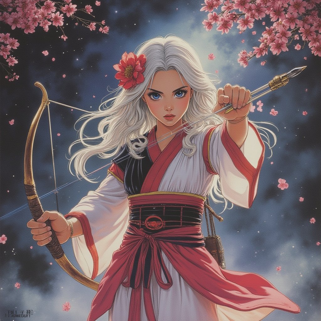 Wide angle : 
Dynamic pose: 
A powerful depiction of Miya Suzuhime standing in a misty Japanese forest. She is an elegant archer with long silver-white hair, adorned with a flower and ribbon, symbolizing elegance and royalty. Her soft expression, with large blue eyes, reflects determination and confidence. She wears a traditional kimono in red, white, and black with intricate obi details. In her hand, she holds a mystical bow, representing purity and spirituality, giving her the appearance of a priestess. Cherry blossoms gently fall around her, enhancing the serene yet powerful atmosphere. art by Yuri Shwedoff. Virtual19,1986 Japanese Anime Movie Poster.