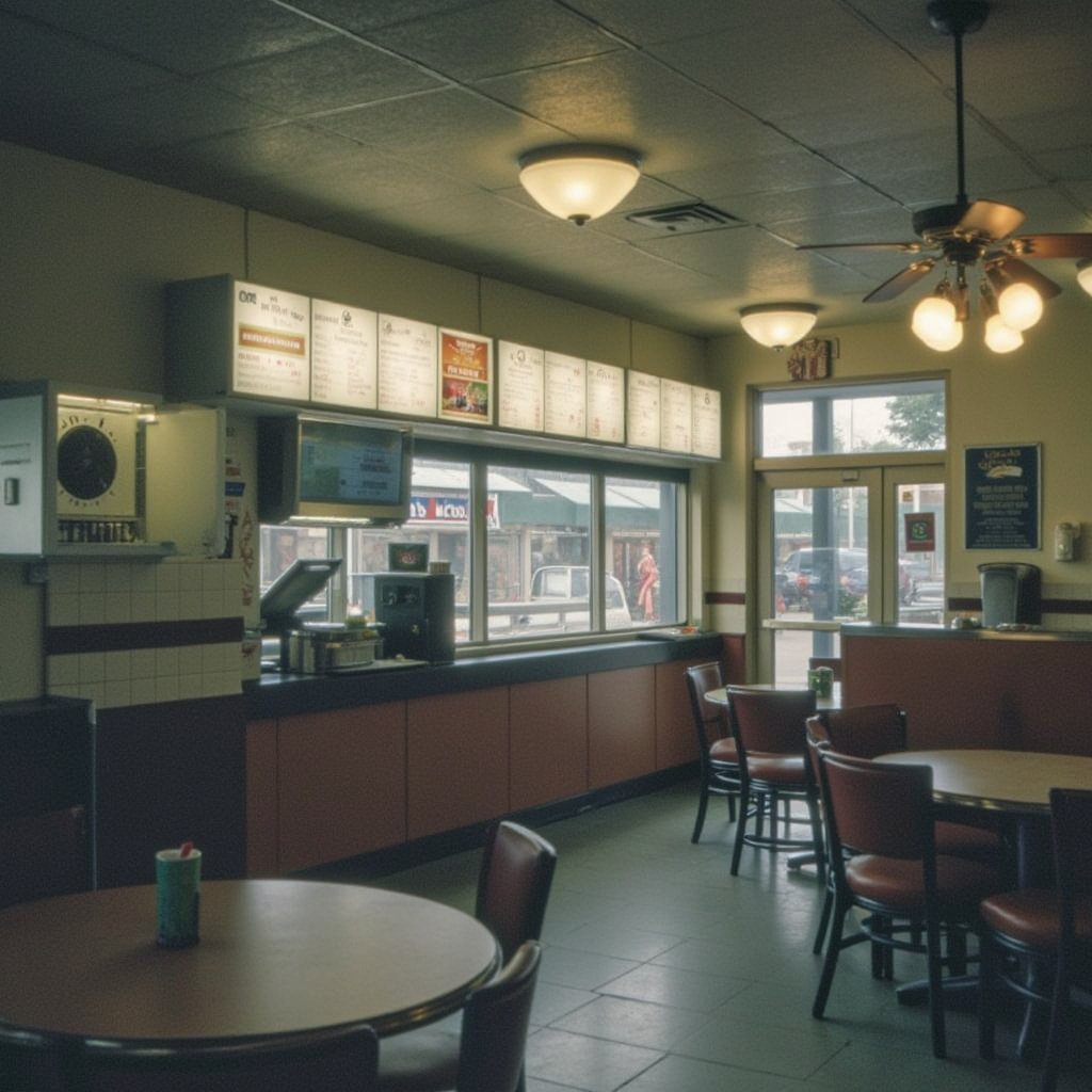 This captures the essence of a classic 1970s fast-food restaurant, with bright colors, a cozy atmosphere, and hints of nostalgia and reflection. It plays on the idea of pause and contemplation amid the lively energy of a popular diner. Virtual19, Analoquer