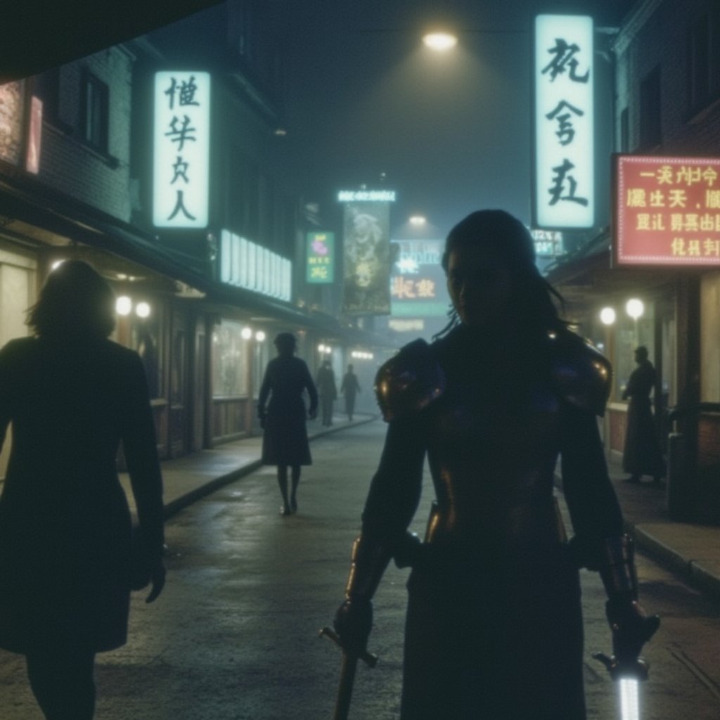 A woman in cyber-enhanced armor strides through an ancient city's neon-lit streets. Her braided hair flows as she grips a glowing sword, blending vintage armor with high-tech power. Towering cyberpunk  and holograms flicker around her, the scene soaked in analog film grain and muted colors. Analoquer, Film_19