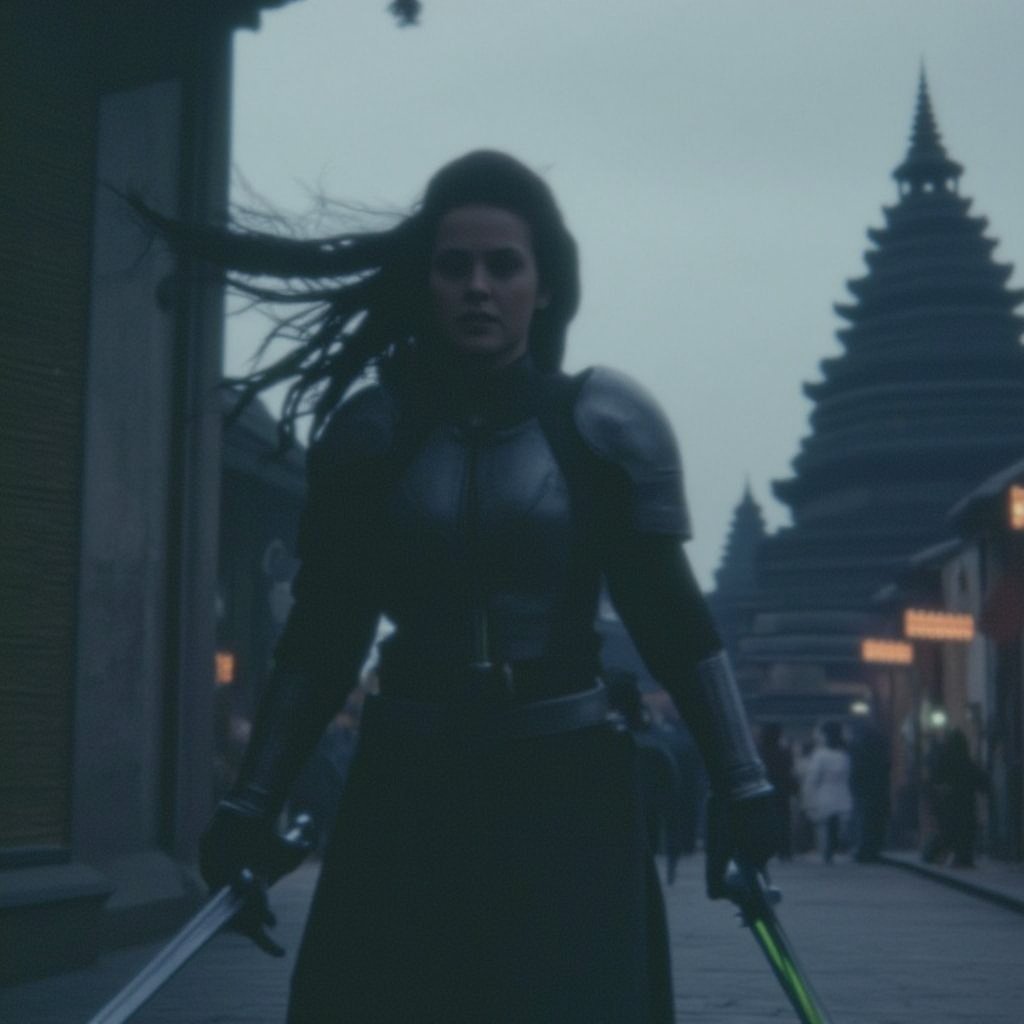 A woman in cyber-enhanced armor strides through an ancient city's neon-lit streets. Her braided hair flows as she grips a glowing sword, blending tradition with high-tech power. Towering temples and holograms flicker around her, the scene soaked in analog film grain and muted colors. Analoquer, Film_19