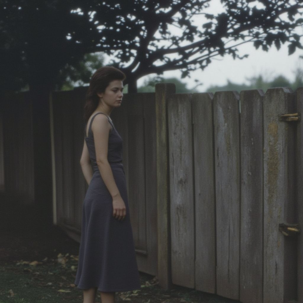 Analoguer, A young woman stands serenely beside a weathered wooden fence, a slightly pensive yet hopeful expression on her face, under a leafy tree on a slightly overcast day. [Photography, photorealistic, reminiscent of 1950s/60s snapshot], [No specific artist reference, aiming for a candid, documentary style], [Shallow depth of field, focusing on the woman, slightly grainy film texture, muted natural light with slightly cool tones, Kodachrome-like color palette, background slightly blurred with a focus on the fence and tree, wet grass visible, natural setting, slightly desaturated colors for a vintage feel. Virtual19, Analoquer.