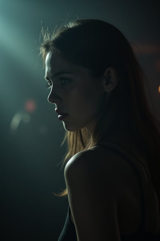 A girl on the left third of a dark, hazy scene, escaping a robbery. Blurred background, her determined expression sharp, tension rising. Virtual19,