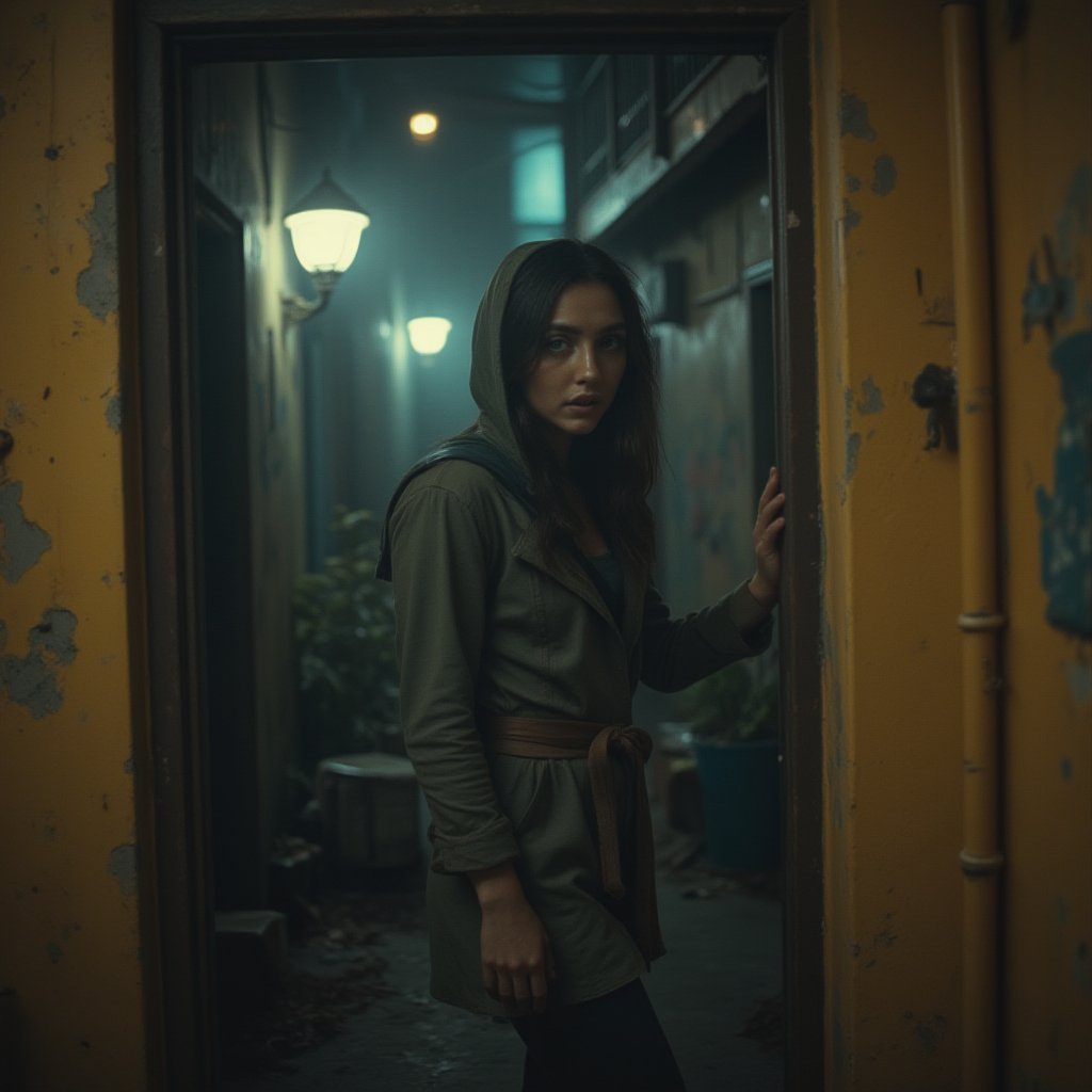  A young woman stands at the entrance of a narrow, foggy alleyway, framed by worn, peeling yellow walls. She has long, dark hair and wears a green hooded jacket cinched at the waist with a brown belt. Her expression is thoughtful as she gazes slightly to the side, one hand resting on the doorframe. The dimly lit alley, lined with plants, hints at a sense of mystery and quiet. Soft light glows from a nearby lamp, enhancing the atmospheric feel of the scene. Virtual19, cinematicxhan, analoguehanx83