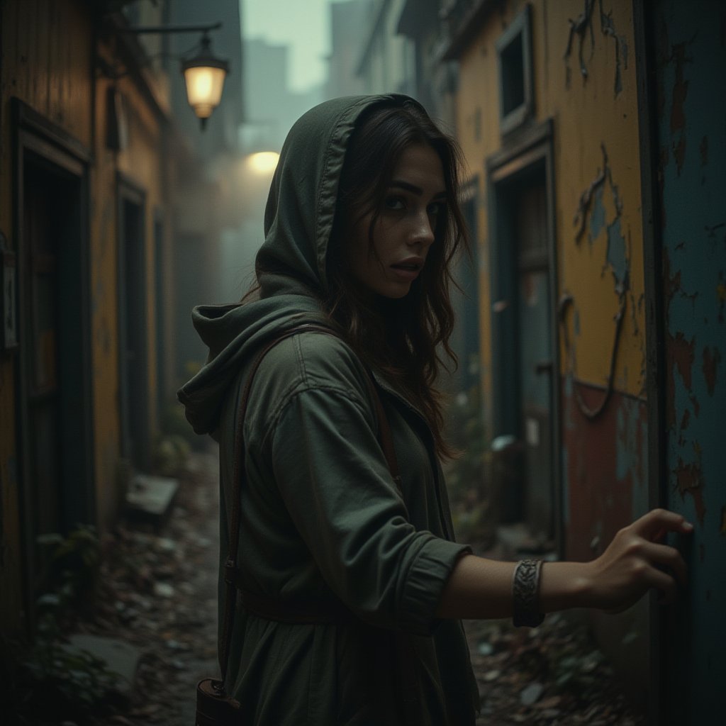 A young woman stands frozen at the entrance of a fog-choked alley, the cracked, yellowed walls oozing decay. Her tangled dark hair hides her eyes as she peers anxiously to the side, lips tight with unease. Clad in a ragged green hooded jacket and worn brown belt, she grips the splintered doorframe, as if bracing for something lurking in the mist. Flickering lamplight casts sinister shadows, and twisted plants line the path like silent sentinels. The air is thick with dread, the quiet suffocating, as though the alley itself harbors dark, unseen secrets.  Virtual19, cinematicxhan, analoguehanx83