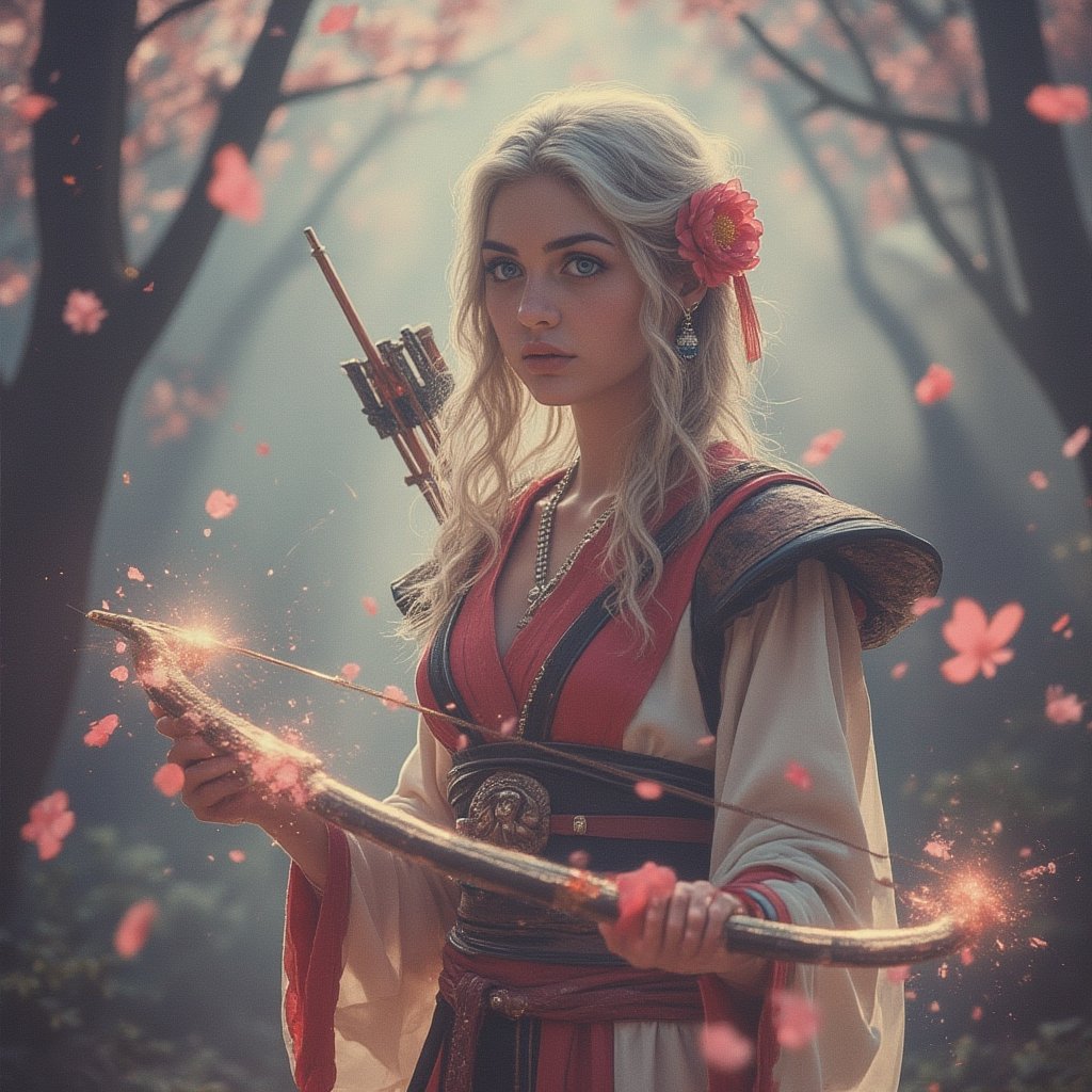 A powerful depiction of Miya Suzuhime standing in a misty Japanese forest. She is an elegant archer with long silver-white hair, adorned with a flower and ribbon, symbolizing elegance and royalty. Her soft expression, with large blue eyes, reflects determination and confidence. She wears a traditional kimono in red, white, and black with intricate obi details. In her hand, she holds a mystical bow, representing purity and spirituality, giving her the appearance of a priestess. Cherry blossoms gently fall around her, enhancing the serene yet powerful atmosphere. art by Yuri Shwedoff. Virtual19,1986 Japanese Anime Movie Poster.