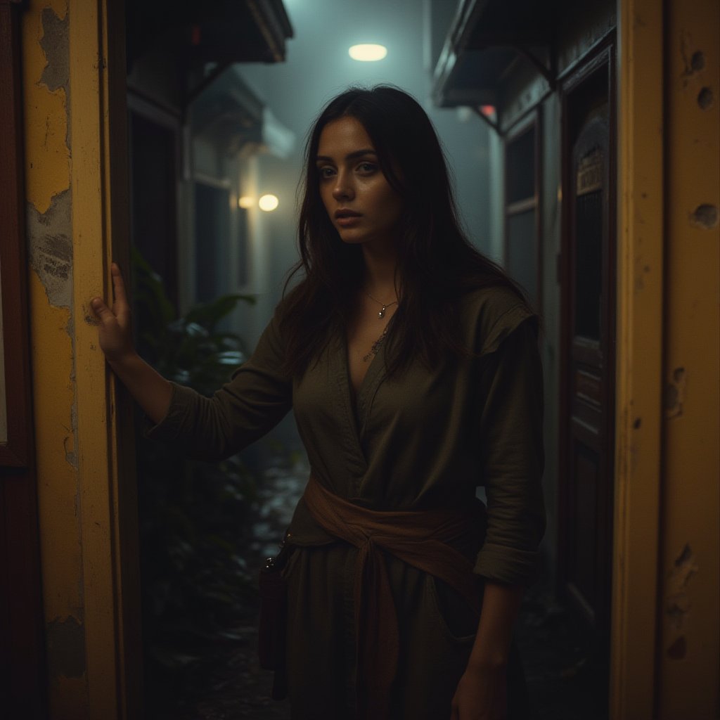  A young woman stands at the entrance of a narrow, foggy alleyway, framed by worn, peeling yellow walls. She has long, dark hair and wears a green hooded jacket cinched at the waist with a brown belt. Her expression is thoughtful as she gazes slightly to the side, one hand resting on the doorframe. The dimly lit alley, lined with plants, hints at a sense of mystery and quiet. Soft light glows from a nearby lamp, enhancing the atmospheric feel of the scene. Virtual19