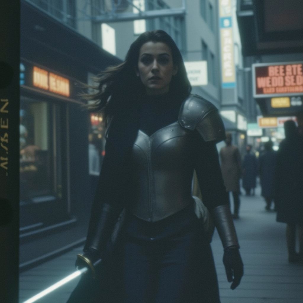 A woman in cyber-enhanced armor strides through an ancient city's neon-lit streets. Her braided hair flows as she grips a glowing sword, blending vintage armor with high-tech power. Towering cyberpunk  and holograms flicker around her, the scene soaked in analog film grain and muted colors. Analoquer, Film_19