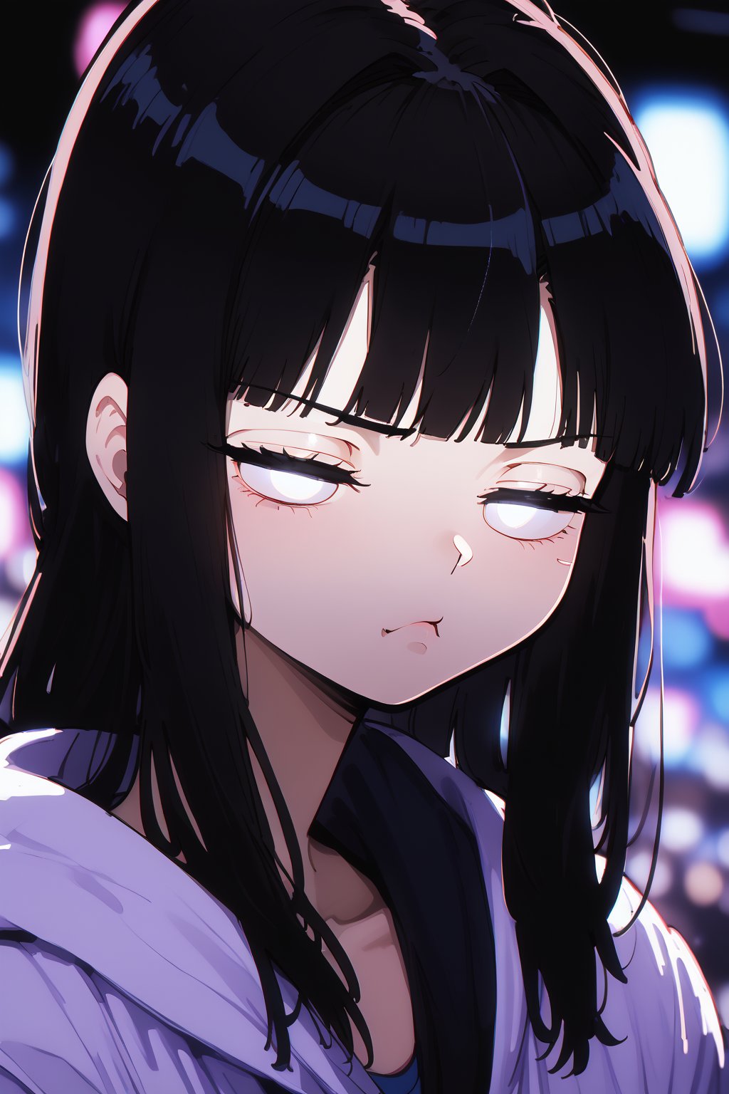  1girl, Hinata Hyuga, (long black hair, white eyes), hyuuga hinata, mature female, no pupils, straight-on, half-closed eyes, narrowed eyes, pout, blurry background, alp, (((neon theme))), perfect_hands, dark theme, vivid color, masterpiece, best quality, amazing quality, very aesthetic, absurdres, depth of field, score_9, archi-ghelber-style