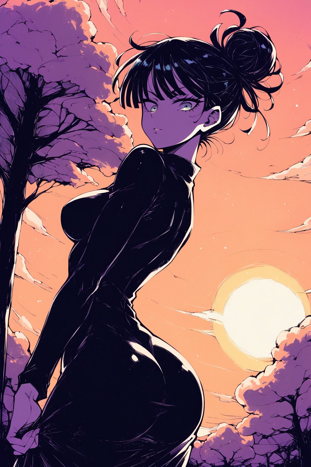 score_9, score_8_up,score_7_up, score_6_up, close-up, (best quality, amazing quality, very aesthetic, absurdres), Fubuki One Punch Man, 1girl, ass, solo, hair bun, black hair, drees, black dress, tight clothes, medium breasts, big ass, looking at viewer, three quarter view, ass focus, from above, sakura trees, sunset, big sun, wooden wallchromatic aberration, high contrast, neon palette, more detail XL, score_9_up,archi-ultraviolet-style