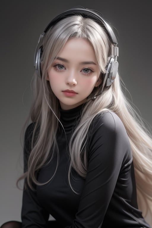 warm light room Beautiful woman with silver long hair against a grey background.over-the-ear headphones Smile,black tights top,Girl