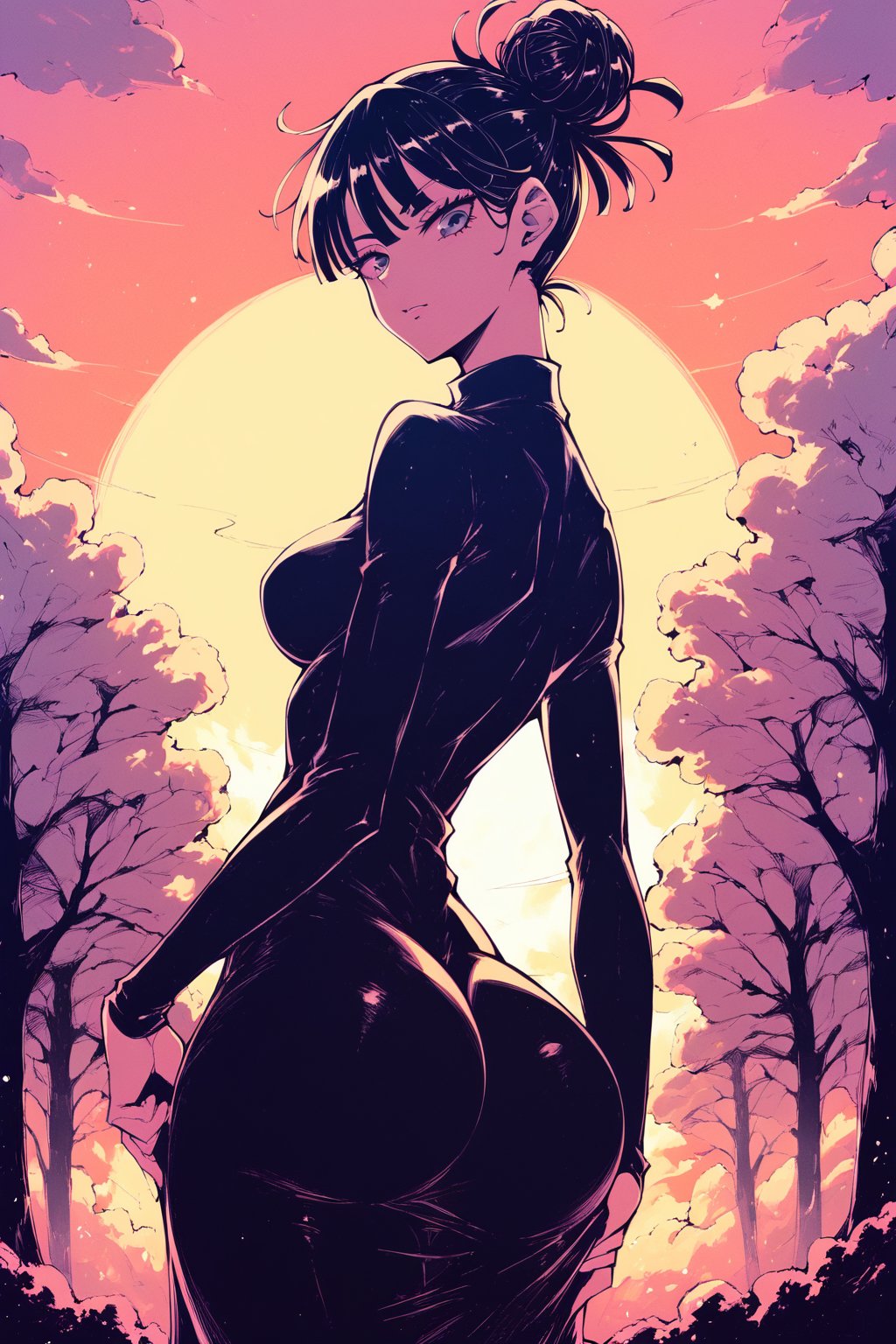 score_9, score_8_up,score_7_up, score_6_up, close-up, (best quality, amazing quality, very aesthetic, absurdres), Fubuki One Punch Man, 1girl, ass, solo, hair bun, black hair, drees, black dress, tight clothes, medium breasts, big ass, looking at viewer, three quarter view, ass focus, from above, sakura trees, sunset, big sun, wooden wallchromatic aberration, high contrast, neon palette, more detail XL, score_9_up,archi-ultraviolet-style