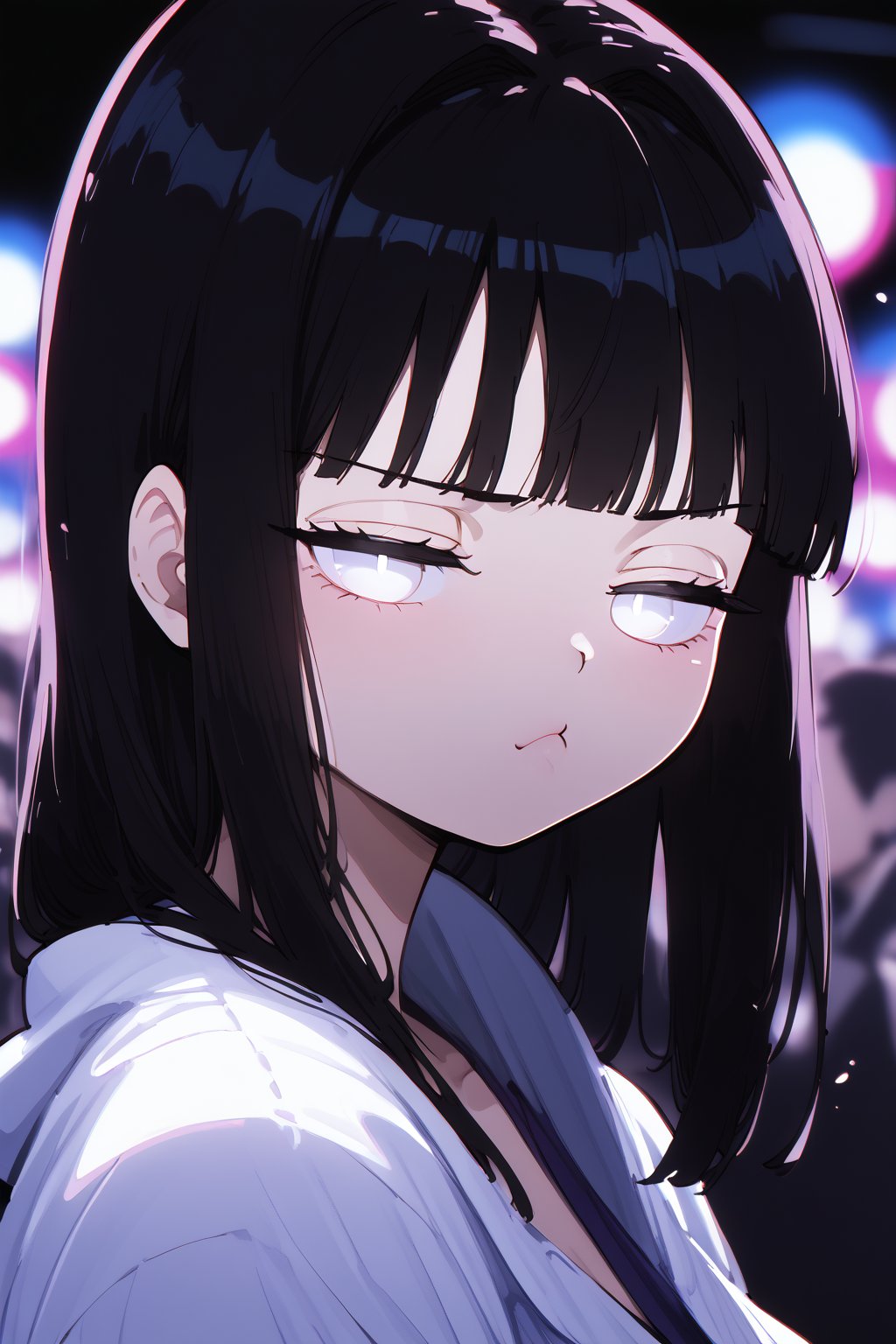  1girl, Hinata Hyuga, (long black hair, white eyes), hyuuga hinata, mature female, no pupils, straight-on, half-closed eyes, narrowed eyes, pout, blurry background, alp, (((neon theme))), perfect_hands, dark theme, vivid color, masterpiece, best quality, amazing quality, very aesthetic, absurdres, depth of field, score_9, archi-ghelber-style