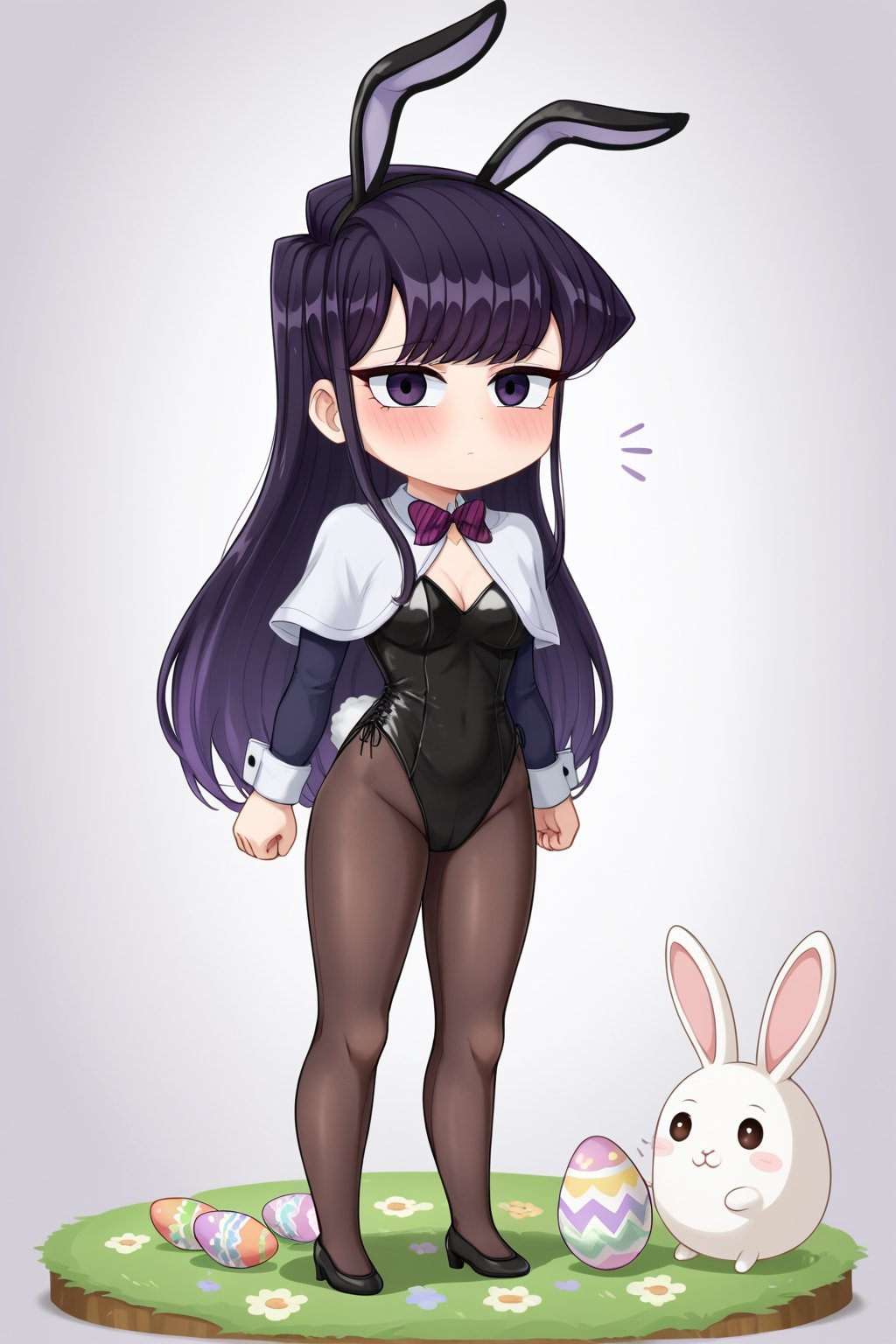 1girl, blush, capelet chibi, easter, full body, giant colored egg on the side, gradient hair, high resolution, egg on the side, giant egg on the side, komi-san_wa_komyushou_desu komi_shouko, long hair, long sleeves, meme, multicolored hair , no mouth, padoru (meme), purple eyes, purple hair, bunny ears, dressed as a bunny, bunny outfit, bunny ears background_simple only shaky,chibi emote style