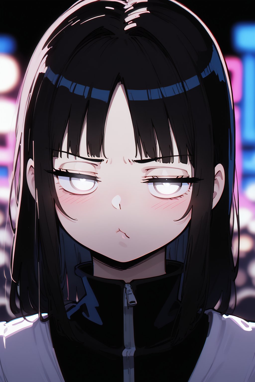  1girl, Hinata Hyuga, (long black hair, white eyes), hyuuga hinata, mature female, no pupils, straight-on, half-closed eyes, narrowed eyes, pout, blurry background, alp, (((neon theme))), perfect_hands, dark theme, vivid color, masterpiece, best quality, amazing quality, very aesthetic, absurdres, depth of field, score_9, archi-ghelber-style