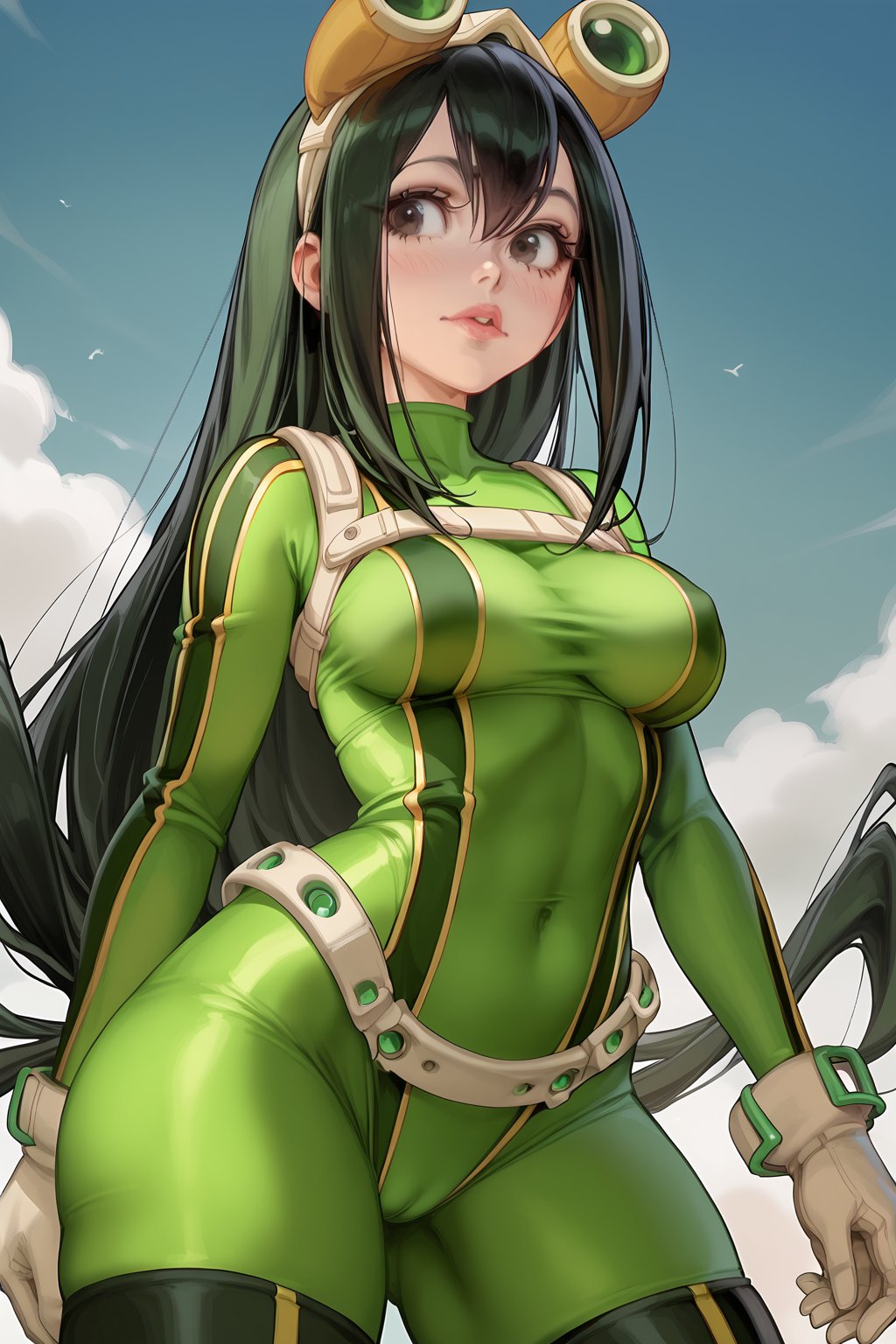 score_9, score_8_up, score_7_up, score_6_up, full color, perfect_hands, bfbg, shexyo, source_anime, my hero academia, Asui Tsuyu, black eyes, green bodysuit, gloves, more detail XL, score_9_up,MAIDOLL,anime screencap,fine anime screencap_xl