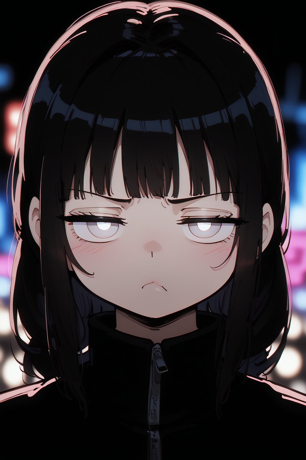  1girl, Hinata Hyuga, (long black hair, white eyes), hyuuga hinata, mature female, no pupils, straight-on, half-closed eyes, narrowed eyes, pout, blurry background, alp, (((neon theme))), perfect_hands, dark theme, vivid color, masterpiece, best quality, amazing quality, very aesthetic, absurdres, depth of field, score_9, archi-ghelber-style