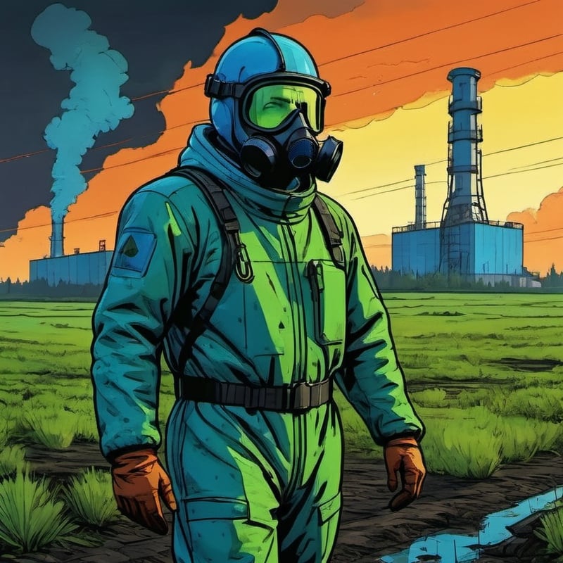 ((profile portrait)), a Man in a blue fit hazmat suit, green liquid on the ground, fiery sky, acid rain, chernobyl. ukraine. stalker, ruined nuclear power plant,comic book