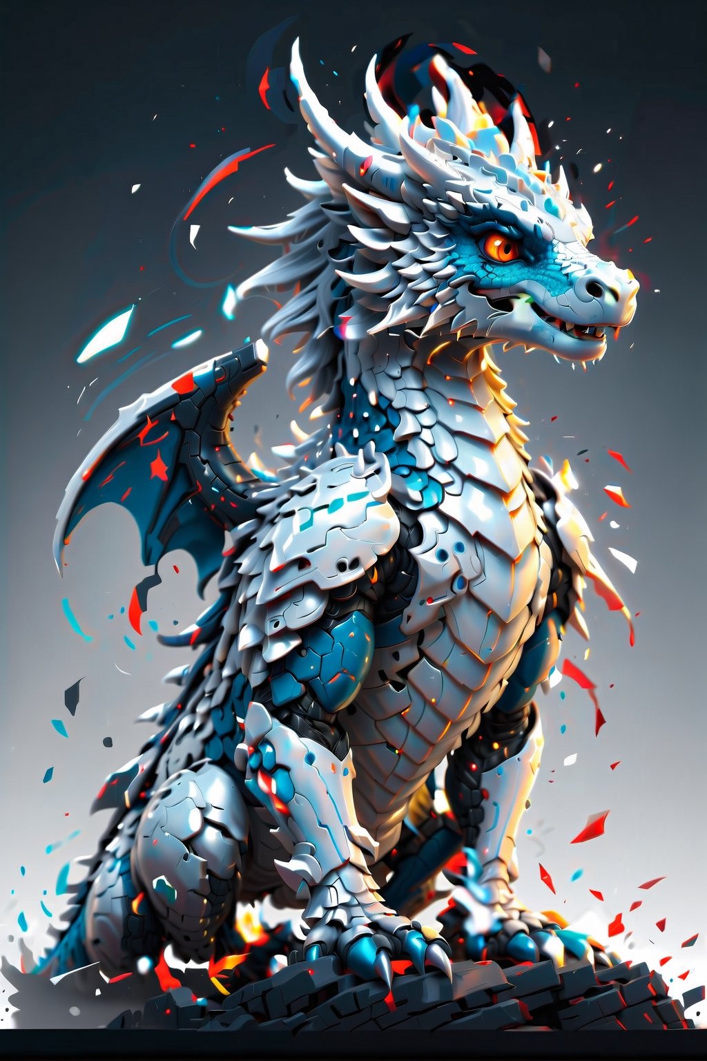 A Potrait side view full body Big Dragon wearing cybernetic hi-tech armor, clean design, intricate detail, monochromatic color, solid white background, made with adobe illustrator, in the style of Studio Gibli, color splash,3d style,LegendDarkFantasy,photo r3al,Disney pixar style,gkudbz,comic book