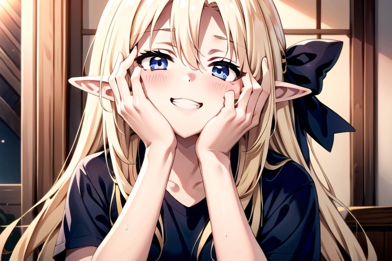 masterpiece, best quality, 1girl, solo, long hair, looking at viewer, blush, smile, shirt, hair between eyes, upper body, blonde hair, ahoge, short sleeves, teeth, indoors, blue eyes, grin, hands up, black shirt, black bow, hair intakes, t-shirt, hands on own face, hands on own cheeks, pointed ears, midjourney,Anime, fantasy, magic, midjourney, ,((AlphaSA)), elf