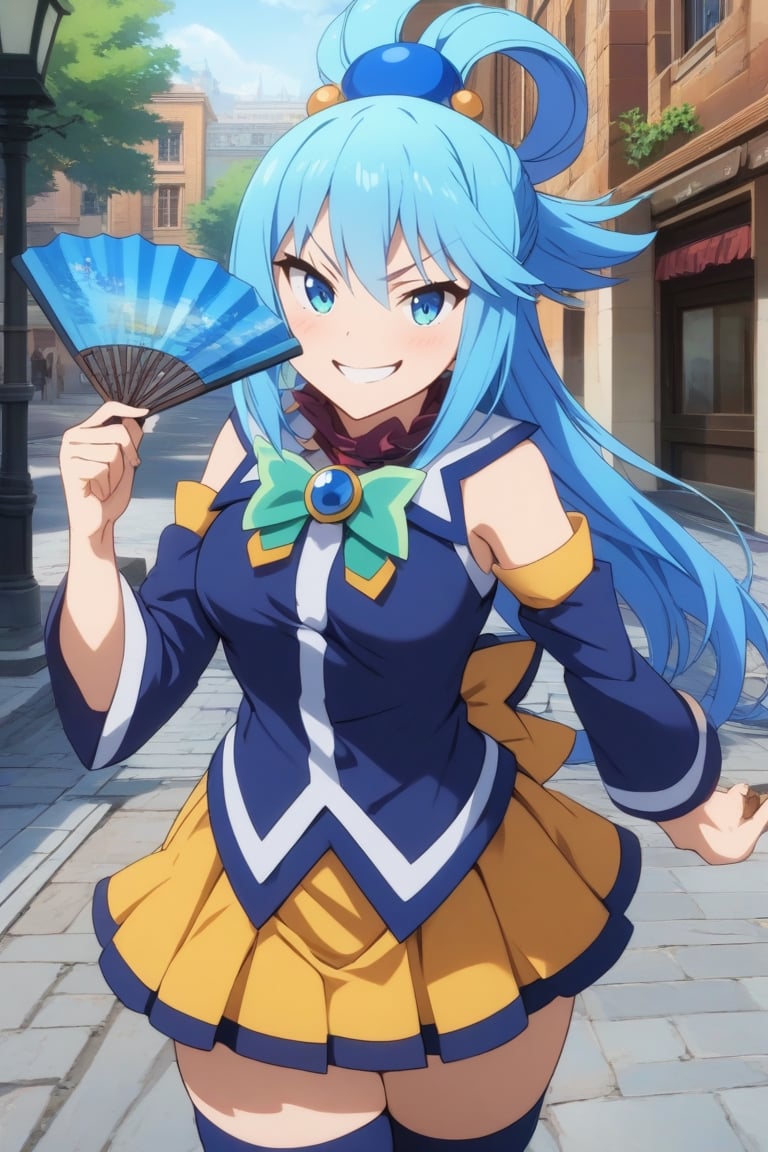 solo, 1girl, long hair, blue eyes, blue hair, hair ornament, smug, smirk, looking at viewer, holding fan, hand fan, hair rings, v-shaped eyebrows, dark blue shirt, bow, detached sleeves, skirt, thighhighs, bare shoulders, outdoors, city street, fountain, (AquaXL)