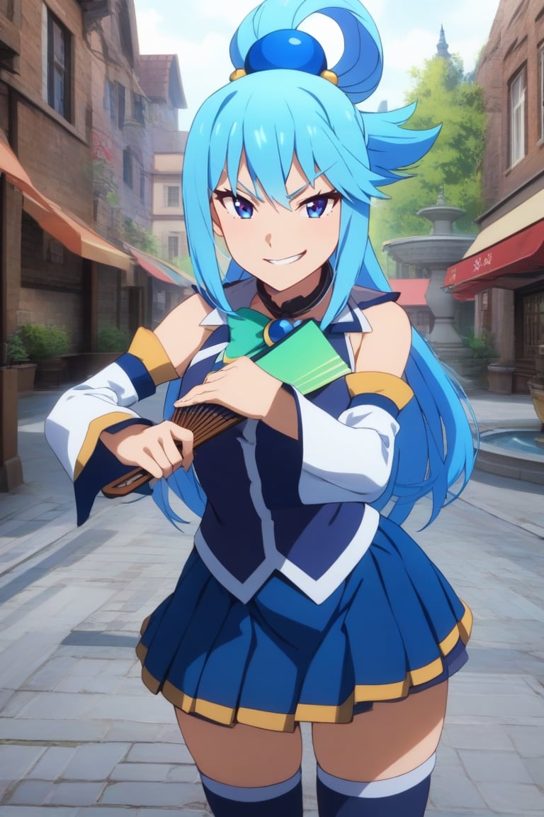 solo, 1girl, long hair, blue eyes, blue hair, hair ornament, smug, smirk, looking at viewer, holding fan, hand fan, hair rings, v-shaped eyebrows, dark blue shirt, bow, detached sleeves, skirt, thighhighs, bare shoulders, outdoors, city street, fountain, (AquaXL)