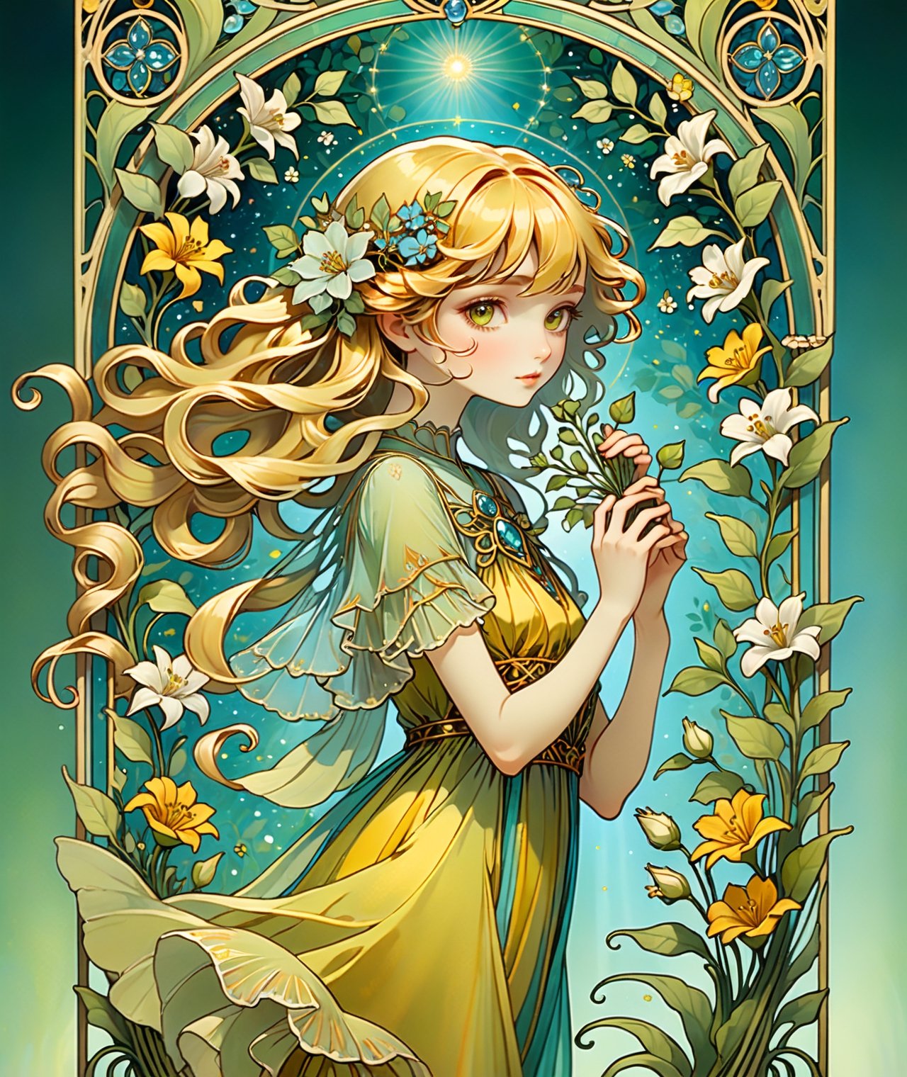 || Tarot card with art deco frame, an oil painting, (featuring the goddess of goddess of flowers, Chloris, in the garden, embodying the essence of natural beauty and floral abundance. She is depicted as a radiant maiden adorned in a diaphanous yellow gown woven from delicate petals and leaves, with blossoms entwined in her flowing hair. Her complexion glows with a soft, ethereal light, mirroring the gentle hues of the flowers she represents. In her hands, she holds a wreath of vibrant blooms, her fingers delicately weaving the fragrant blossoms into intricate patterns. Around her, the air is filled with the sweet scent of blossoms and the melodious songs of birds, evoking a sense of enchantment and tranquility in her presence, 1girl, solo) || best quality, stunning illustration, mysterious and detailed image, (in the style of Alfons Maria Mucha), (Art Nouveau), ultra highly detailed, mystical, luminism, flowers, complex background, (tarot card:1.4), (masterpiece, top quality, best quality, official art, beautiful and aesthetic:1.2), (fractal art:1.3), (colorful:1.5), highest detailed, (aristocracy:1.2), more detail XL, SFW, (Art Nouveau style), le style Mucha 