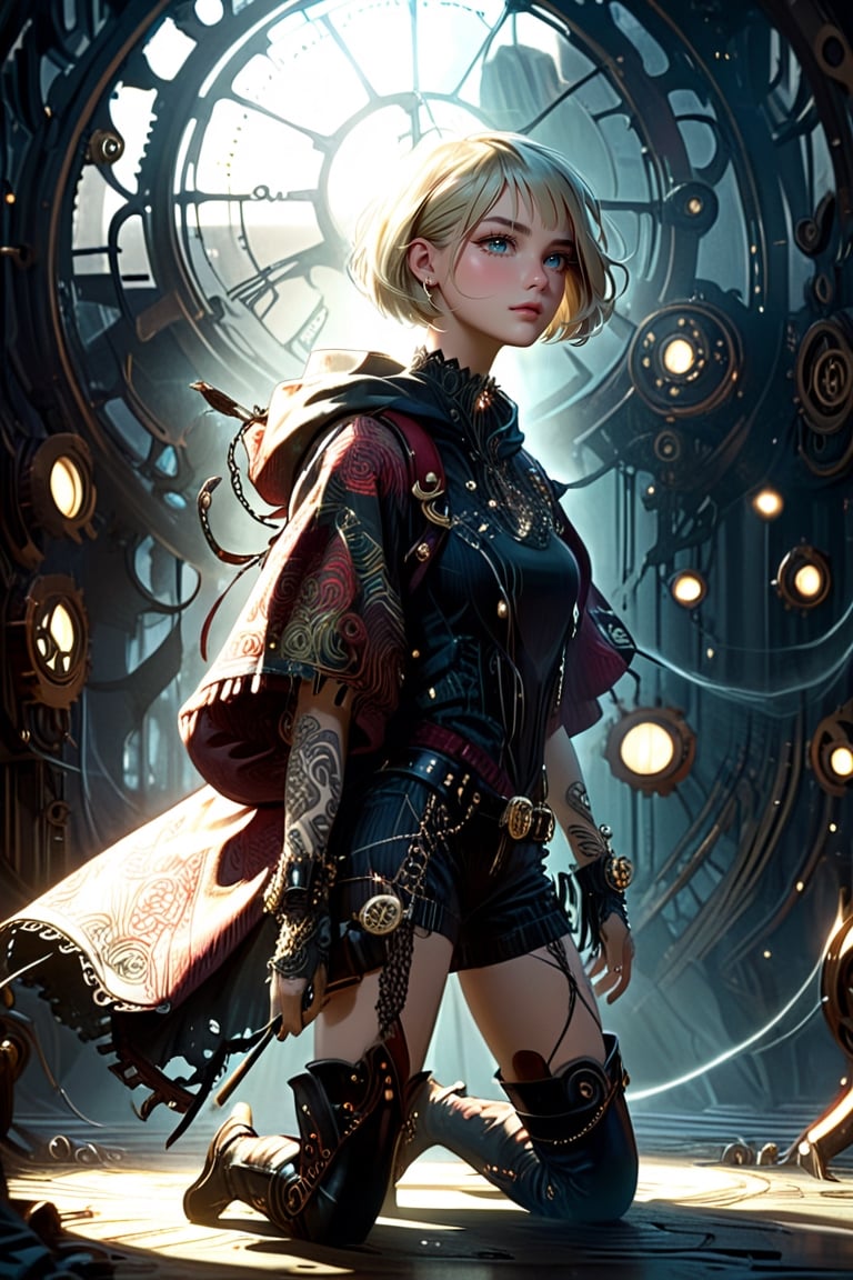 1 steampunk girl, perfect face, make-up, cheeky short hair with bangs in blond, colored lips, (fashionable oversized hoodie outfit, short pants, over-the-knee boots). (masterpiece, top quality, best quality, official art, beautiful and aesthetic:1.2), extreme detailed, cinematic Lighting, ethereal light, intricate details, extremely detailed, incredible details, full colored, complex details, hyper maximalist, gorgeous light and shadow, detailed decoration, detailed lines. masterpiece, best quality, HDR, UHD, fair skin, beautiful face, full_body, (standing pose:1.4),BugCraft