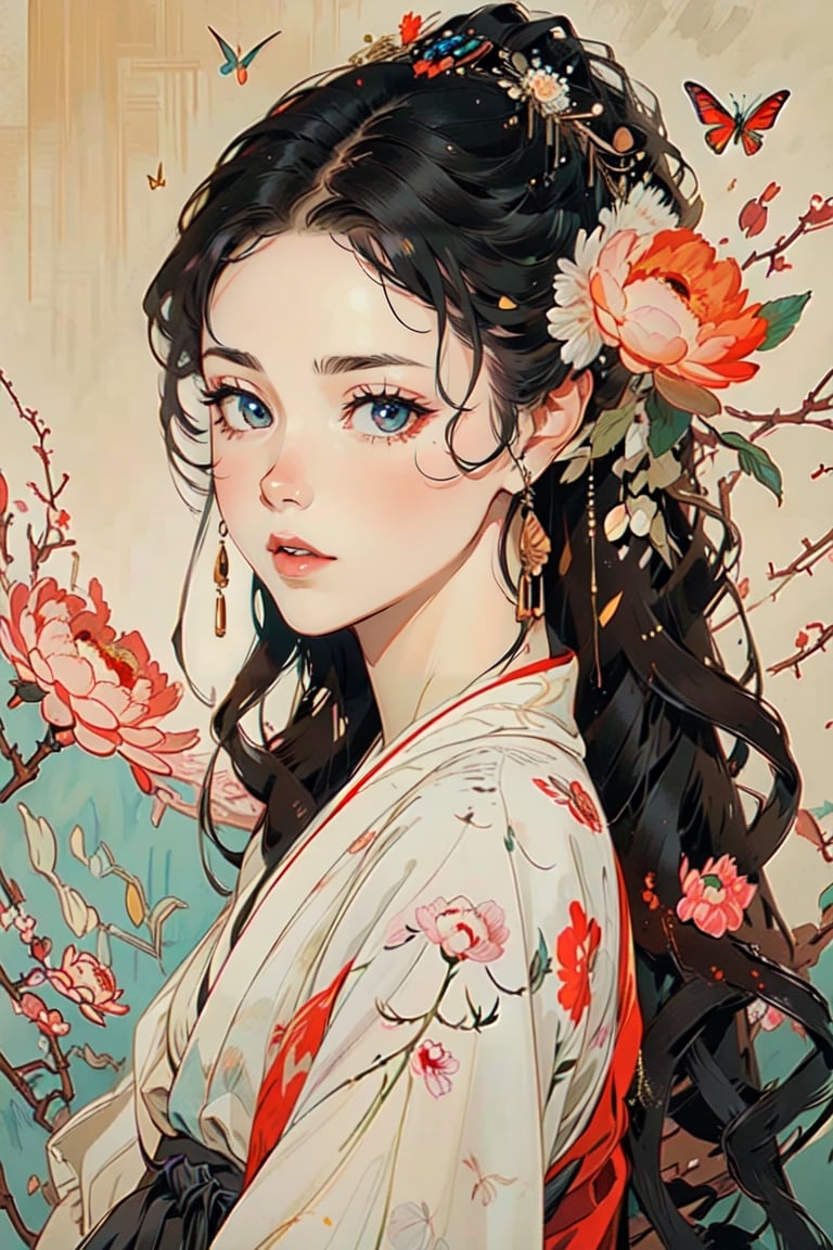  A girl, wearing hanfu, peony garden, butterfly, (negative space:1.4), fusion of art nouveau styles with gongbi painting, gold and white and red hue, Mucha style, (Cinematic lighting, ethereal light, intricate details, extremely detailed, incredible details, full colored), complex details, hyper maximalist, gorgeous light and shadow, detailed decoration, detailed lines. masterpiece, best quality, HDR, UHD, unreal engine. looking at the camera, fair skin, beautiful face,