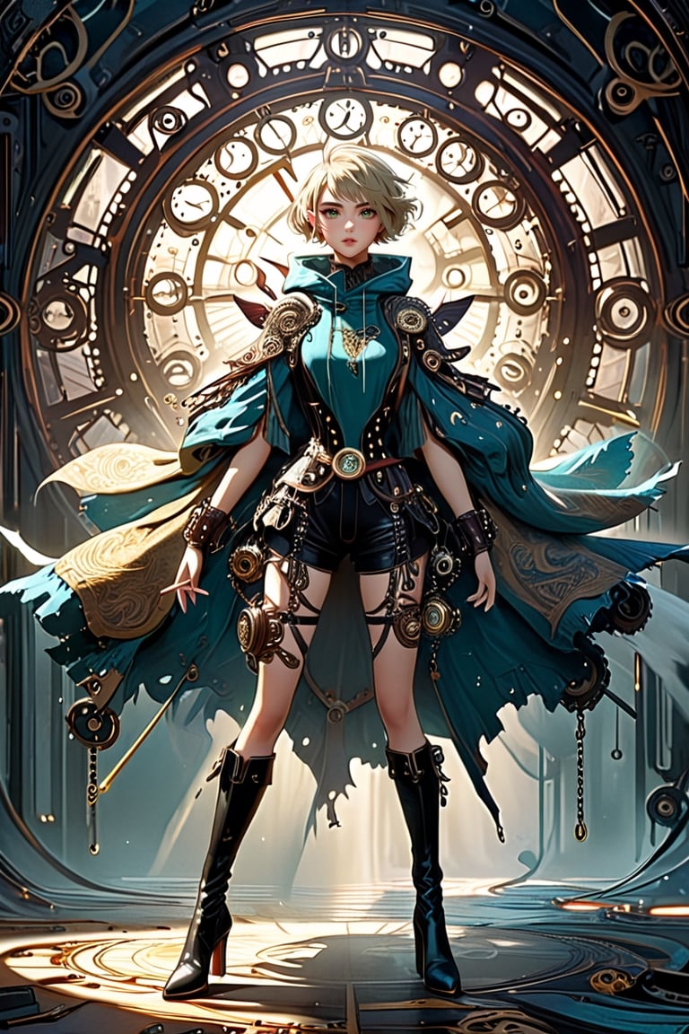 1 steampunk girl, perfect face, make-up, cheeky short hair with bangs in blond, colored lips, (fashionable oversized hoodie outfit, short pants, over-the-knee boots). (masterpiece, top quality, best quality, official art, beautiful and aesthetic:1.2), extreme detailed, cinematic Lighting, ethereal light, intricate details, extremely detailed, incredible details, full colored, complex details, hyper maximalist, gorgeous light and shadow, detailed decoration, detailed lines. masterpiece, best quality, HDR, UHD, fair skin, beautiful face, full_body, (standing pose:1.4),BugCraft