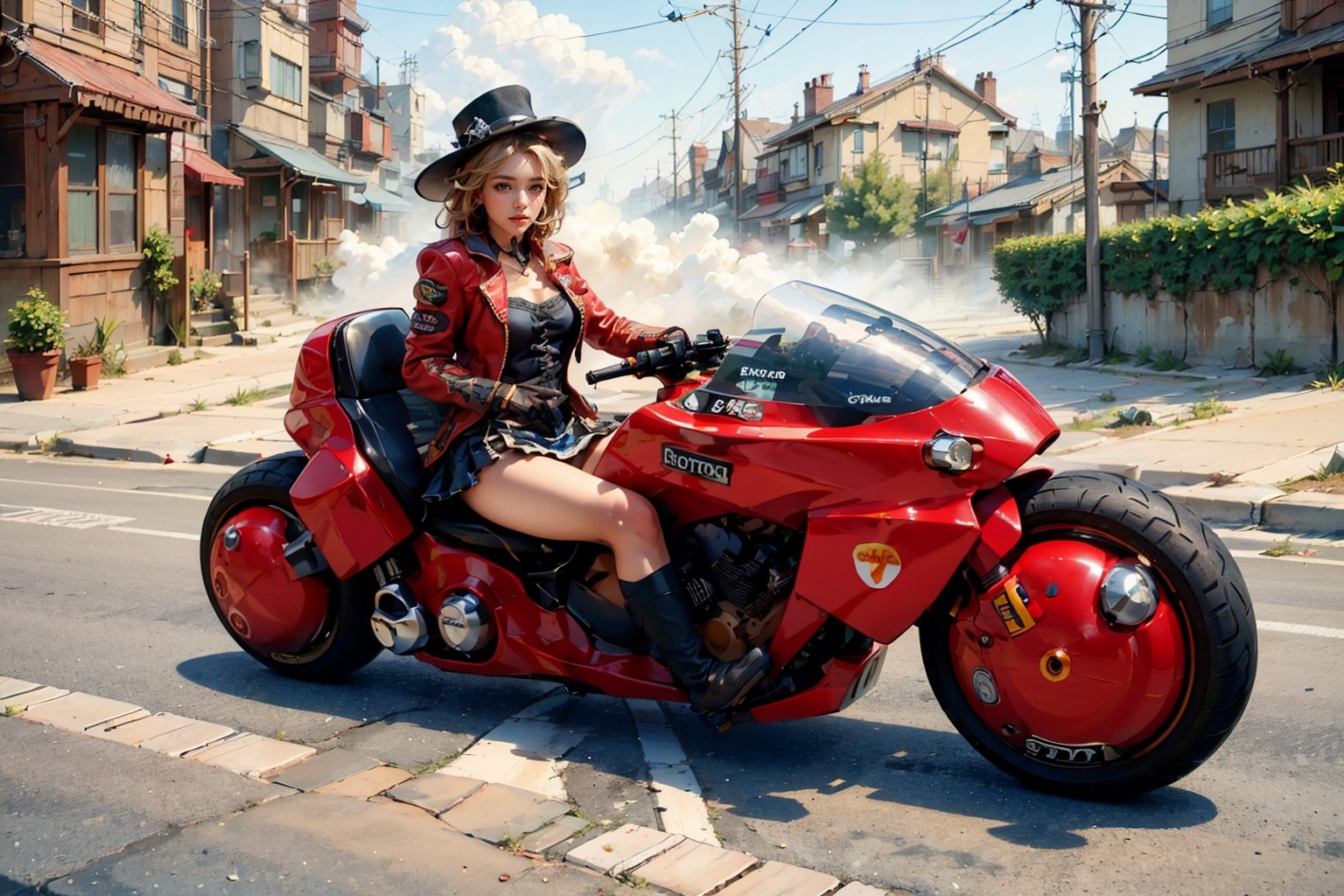 Amidst the industrial backdrop of a bustling city, a steampunk lady rides a (motorcycle) through the steam-filled (Victorian streets:1.4), a symbol of innovation and resilience in a world powered by steam and ingenuity. She rides confidently, adorned in intricate gears, brass goggles, and a corseted jacket. Corseted bodice and lace-trimmed bustle skirt. leather gloves, top hat, dteampunk vehicle, ancient city, (masterpiece, top quality, best quality, official art, beautiful and aesthetic:1.2), (1girl:1.4), blonde hair, extreme detailed, highest detailed, highres, natural volumetric lighting and best shadows, highly detailed face, highly detailed facial features,  ((1 girl on motorcycle )), Detailedface,[prefect detail (steampunk style Motorcycle)],sprbk,krsbk,Camila Noceda