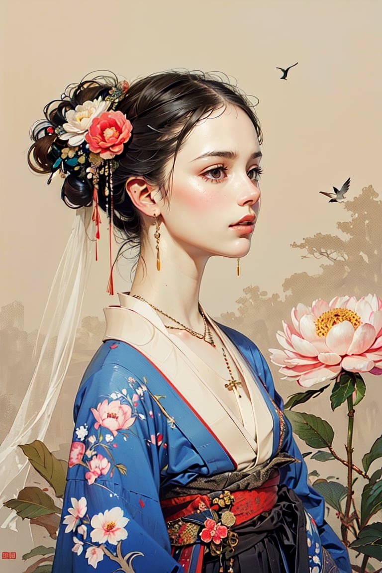 A girl, wearing kimono, peony, flowers, birds, (negative space:1.4), fusion of art nouveau painting styles with gongbi painting, (Cinematic lighting, ethereal light, intricate details, extremely detailed, incredible details, full colored), complex details, hyper maximalist, gorgeous light and shadow, detailed decoration, detailed lines. masterpiece, best quality, HDR, UHD, unreal engine. looking at the camera, fair skin, beautiful face,