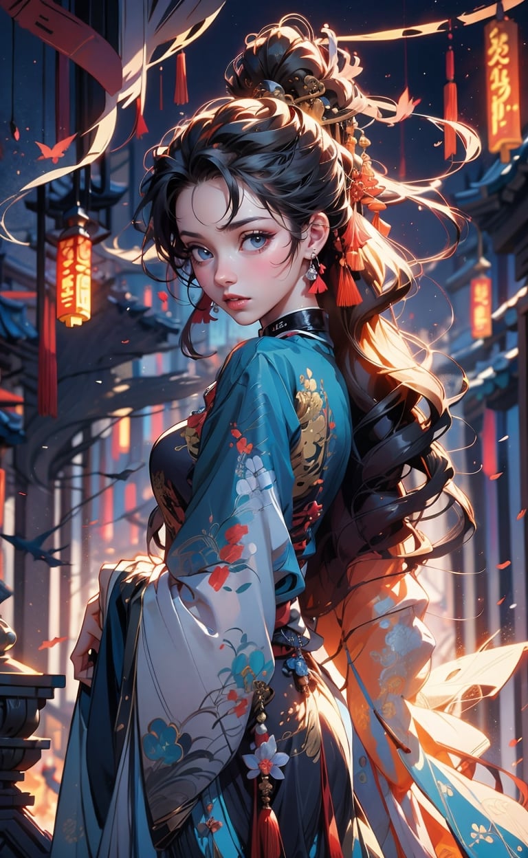 a girl, blossoms. mist and fog, smokey swirls, myhanfu,Chinese style,Colors