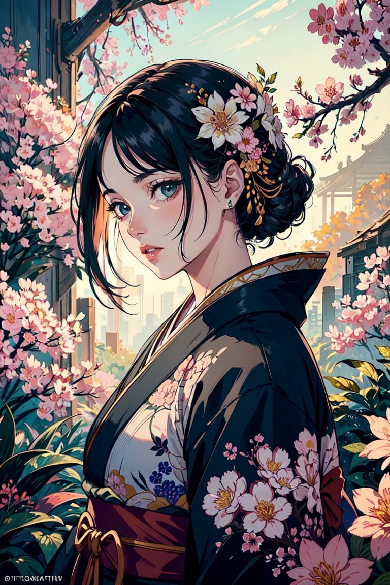 A girl, wearing kimono, a sakura tree, flowers, day, (Cinematic lighting, ethereal light, intricate details, extremely detailed, incredible details, full colored), complex details, hyper maximalist, gorgeous light and shadow, detailed decoration, detailed lines. masterpiece, best quality, HDR, UHD, unreal engine. looking at the camera, fair skin, beautiful face,More Detail,photo of perfecteyes eyes