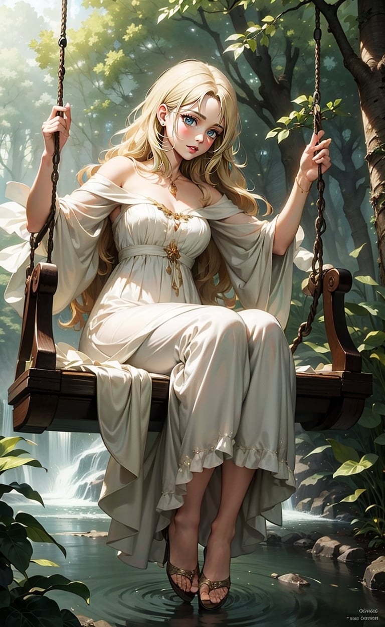 A girl on swing, in the ethereal, mysterious forest, blonde hair, flowing white dress, by Fragonard and Bouguereau, clearing, superfine details, floral dress