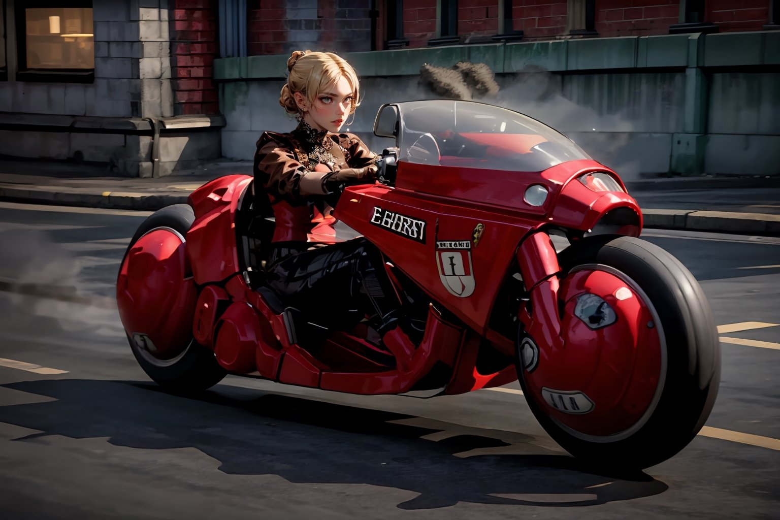 Amidst the industrial backdrop of a bustling city, a steampunk lady rides a (motorcycle) through the steam-filled (Victorian London streets:1.4), a symbol of innovation and resilience in a world powered by steam and ingenuity. She rides confidently, adorned in intricate gears, brass goggles, and a corseted jacket. Corseted black bodice and lace-trimmed bustle skirt. leather gloves, (masterpiece, top quality, best quality, official art, beautiful and aesthetic:1.2), (1girl:1.4), blonde hair, extreme detailed, highest detailed, highres, natural volumetric lighting and best shadows, highly detailed face, highly detailed facial features,  ((1 girl on motorcycle )), Detailedface,[prefect detail (Brown Metallic Color steampunk style Motorcycle)],kanedabike,SteampunkCh