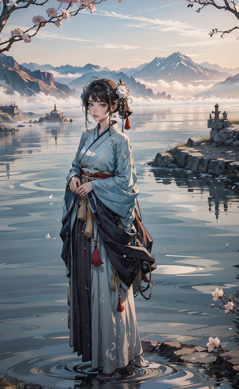 a girl, blossoms. mist and fog, smokey swirls, myhanfu,bifang